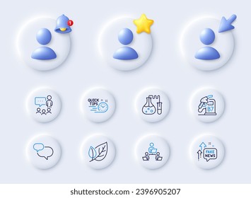 Chemistry lab, People chatting and Quick tips line icons. Placeholder with 3d cursor, bell, star. Pack of Diesel station, Teamwork, Leaf icon. Chat message, Fake news pictogram. Vector