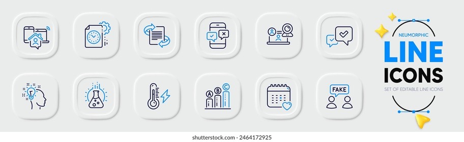 Chemistry lab, Project deadline and Electricity power line icons for web app. Pack of Work home, Fake information, Healthcare calendar pictogram icons. Approve, Graph chart. Neumorphic buttons. Vector