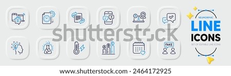 Chemistry lab, Project deadline and Electricity power line icons for web app. Pack of Work home, Fake information, Healthcare calendar pictogram icons. Approve, Graph chart. Neumorphic buttons. Vector