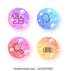 Chemistry lab, Puzzle game and Parking garage minimal line icons. 3d spheres or balls buttons. Breathing exercise icons. For web, application, printing. Vector