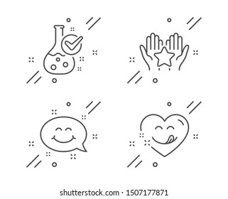 Chemistry lab, Ranking and Smile chat line icons set. Yummy smile sign. Laboratory flask, Hold star, Happy emoticon. Comic heart. Technology set. Line chemistry lab outline icon. Vector