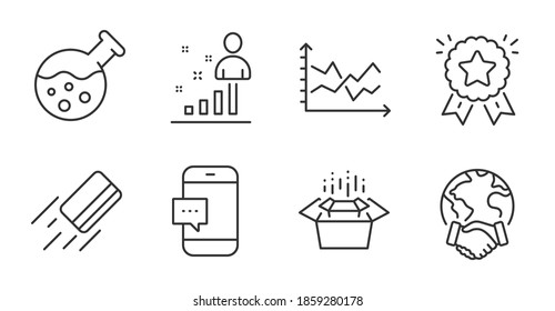 Chemistry Lab, Ranking Star And Global Business Line Icons Set. Smartphone Message, Packing Boxes And Diagram Chart Signs. Stats, Credit Card Symbols. Laboratory, Winner Medal, Outsourcing. Vector