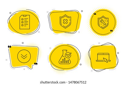 Chemistry lab, Reject protection and Portable computer signs. Chat bubbles. Checklist, Spanner and Scroll down line icons set. Data list, Repair service, Swipe arrow. Laboratory flask. Vector
