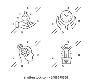 Chemistry lab, Safe time and Thoughts line icons set. Winner podium sign. Laboratory, Hold clock, Business work. First place. People set. Line chemistry lab outline icon. Vector