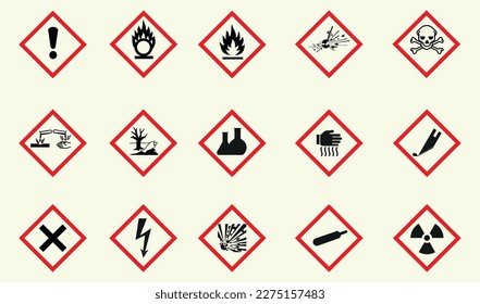 Símbolos de seguridad de laboratorio de química, etiquetas de advertencia de química ilustración vectorial. Signo de advertencia de peligro y seguridad.