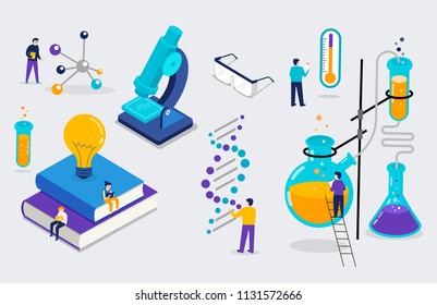 Chemistry Lab And School Class, Science, Education Scene With Miniature People, Students. Isometric, Vector Concept Design