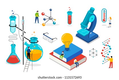 Chemistry Lab And School Class, Science, Education Scene With Miniature People, Students. Isometric, Vector Concept Design