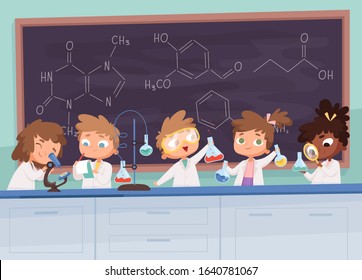 Chemistry lab. Science boy and girls teenager learning research processes vector characters cartoon background