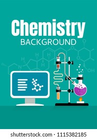 Chemistry lab and science equipment. Chemical experiment. Computer and glass flasks with solution in research laboratory.  Concepts for web banner and promotional material. Illustration in flat style.