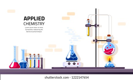 Laboratorio de química y equipo científico. Concepto de farmacia y química. Cartel de concepto de educación y ciencia. Ilustración de estilo plano.