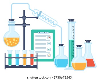 Chemistry lab and science equipment. Test glass flasks and tubes with solution in research laboratory. Education and science concept 