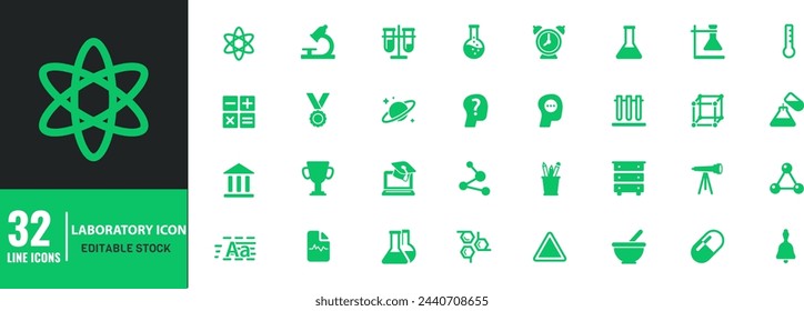 Chemistry lab and Science icons set. Experiments, glassware and molecules. Editable Stroke.	
