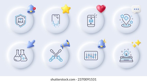 Chemistry lab, Screwdriverl and Hospital line icons. Buttons with 3d bell, chat speech, cursor. Pack of Mail, Typewriter, Smartphone recovery icon. Package protection, Dj controller pictogram. Vector