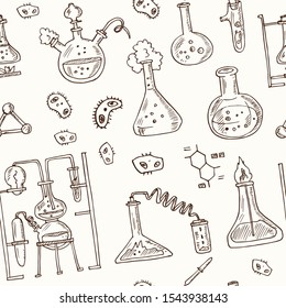 Chemistry lab seamless pattern. Hand drawn vector illustration isolated on white background.