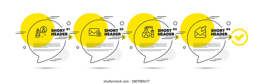 Chemistry lab, Secure mail and Startup line icons set. Timeline infograph speech bubbles. Open mail sign. Laboratory, Private e-mail, Developer. View e-mail. Education set. Vector