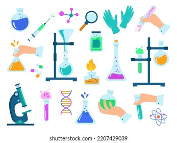 Conjunto de elementos del laboratorio de química. Microscopio, vidrio, tubos, frascos y cuencas para experimentos químicos y médicos en laboratorios, íconos de dibujos animados. Ilustración del vector