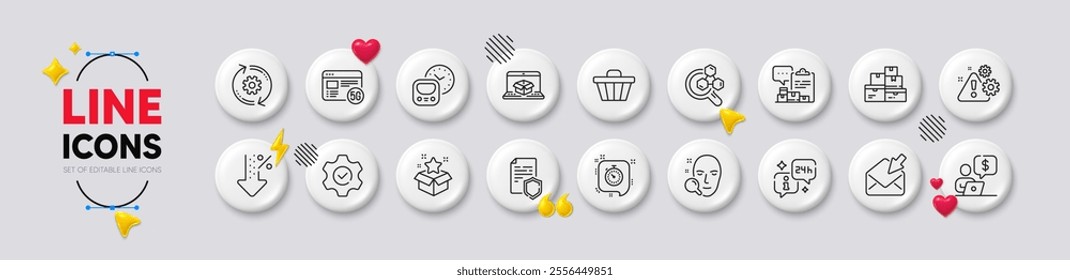 Chemistry lab, Shop cart and Open mail line icons. White buttons 3d icons. Pack of Inventory report, Low percent, Face search icon. Warning, Data security, Cogwheel pictogram. Vector