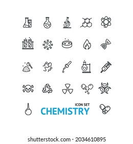 Chemistry Lab Sign Black Thin Line Icon Set Include of Pipette, Fire and Drug. Vector illustration of Icons