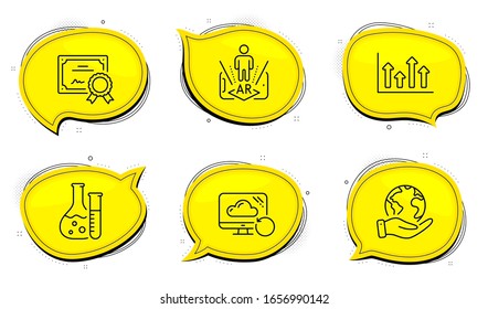 Chemistry lab sign. Diploma certificate, save planet chat bubbles. Upper arrows, Recovery cloud and Augmented reality line icons set. Growth infochart, Backup info, Phone simulation. Vector