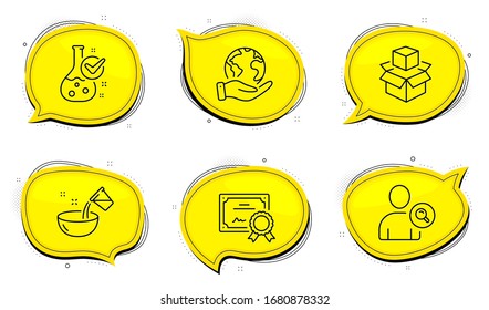 Chemistry lab sign. Diploma certificate, save planet chat bubbles. Packing boxes, Cooking water and Find user line icons set. Delivery package, Glass, Search person. Laboratory flask. Vector