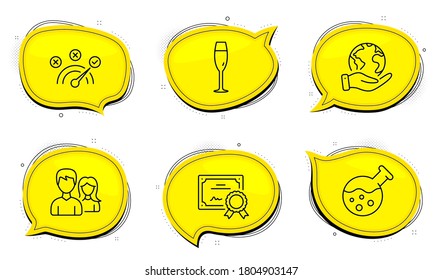 Chemistry lab sign. Diploma certificate, save planet chat bubbles. Correct answer, Champagne glass and Couple line icons set. Speed symbol, Winery, Male and female. Laboratory. Business set. Vector