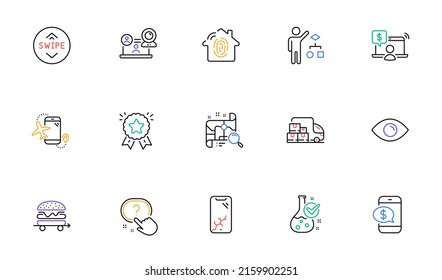 Chemistry lab, Smartphone broken and Flights application line icons for website, printing. Collection of Question button, Search map, Swipe up icons. Food delivery, Ranking star. Vector