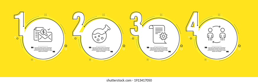 Chemielabor, Technische Dokumentation und Rechnungslegungsbericht Zeile Symbole gesetzt. Informationen zum Zeitablauf. Workflow-Zeichen. Laboratorium, Handbuch, Finanzkontrolle. Partnerschaft. Bildungsstand. Vektorgrafik