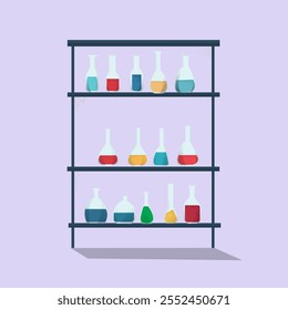 Tubos de prueba de laboratorio de química en capas sobre el soporte de mesa Ilustración vectorial de arte plano 2D.