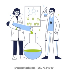 Chemistry lab workers. Biotechnology lab scientists, medical laboratory development and researching flat vector illustration. Chemical scientific experiment scene