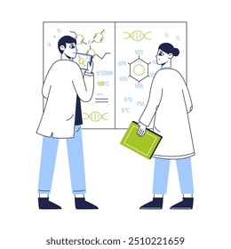 Chemistry lab workers. Biotechnology lab scientists, medical laboratory development and researching flat vector illustration. Chemical scientific scene