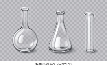 Chemistry laboratory 3d glassware - round bottom flask, conical beaker, cylindrical test tube on transparent background. Empty scientific vessels for chemical experiments. Research equipment mockup.