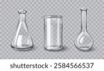 Chemistry laboratory 3d glassware set - transparent empty beakers, flasks, cylindrical containers with realistic reflections. White glass clear laboratory equipment for scientific experiments.