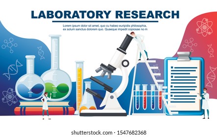 Chemistry laboratory abstract design with big equipment and little scientists advertising flyer design flat vector illustration