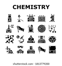 Chemistry Laboratory Collection Icons Set Vector. Microscope And Burner, Heating Device And Scales Chemistry Lab Equipment And Tool Glyph Pictograms Black Illustrations