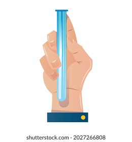 Chemistry laboratory composition with image of long glass tube in human hand vector illustration