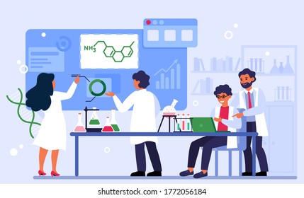 Chemistry and laboratory concept. Chemists conducting experiment. Team of scientists doing lab research. Students analyzing chemical reaction, studying molecule structure