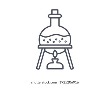 Chemistry laboratory equipment with bunsen burner and round-bottomed or bulb flask being heated and brought to the boil, line drawn black and white vector icon