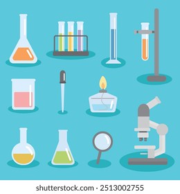 Ilustração vetorial da coleção de equipamentos do laboratório de química. Microscópio, frasco de Erlenmeyer, lupa, conta-gotas, proveta, lâmpada de álcool, copo, frasco de Florença, tubo de ensaio, copo.