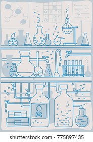 Chemistry Laboratory Experiment Chemical Science Lab School Formula In Hand Drawn Vector Illustration. Brochure Design, Cover Vintage, Poster, Flyer In A