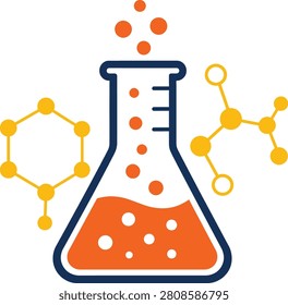 Chemistry laboratory flask with bubbles and molecular structures for scientific research chemistry laboratory