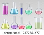 Chemistry laboratory flask with liquid for test. Lab beaker equipment 3d realistic glassware set. Chemical science experimental volumetric tool. Pharmaceutical transparent jar with color fluid