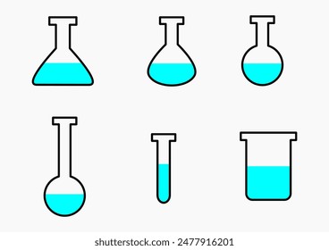 Chemistry laboratory flask with liquid for test. Lab beaker equipment set. Chemical science experimental volumetric tool. Pharmaceutical transparent jar with  fluid science teacher figure