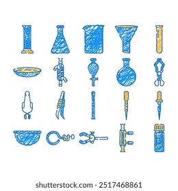 laboratório de química frasco teste doodle ícones definir vetor. esboço linha arte ciência equipamento, vidro de biologia, laboratório médico, medicina química, tubo de química frasco de laboratório de química teste cor ilustrações