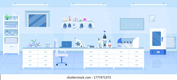 Chemistry laboratory flat color vector illustration. Science lab, pharmaceutical research center 2D cartoon interior design with medical equipment on background. Modern medical institution decor
