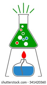 Chemistry laboratory glass with blue liquid on lab burner, icon, vector eps10