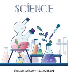 Chemistry laboratory. Glass flasks, vial, test-tube with substance and reagent. Science of plant research. Development of plants varieties. Concept of plant breeding. Vector. For posters and banner.