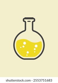 Chemistry laboratory glass with yellow liquid design, Chemical lab beaker flask with liquid. Flat design graphic icon of Chemistry lab tube with black outline and soft yellow background