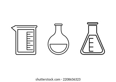 Chemistry laboratory glassware icon set vector. Scientific chemistry laboratory containers icons. Beaker, boiling flask, or Florence flask and Erlenmeyer flask line vector.