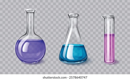 Chemistry laboratory glassware set of 3d transparent vessels with colorful liquids - round flask with purple solution, conical beaker with blue fluid and cylinder test tube with pink substance.