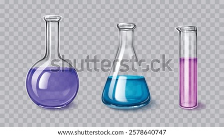 Chemistry laboratory glassware set of 3d transparent vessels with colorful liquids - round flask with purple solution, conical beaker with blue fluid and cylinder test tube with pink substance.